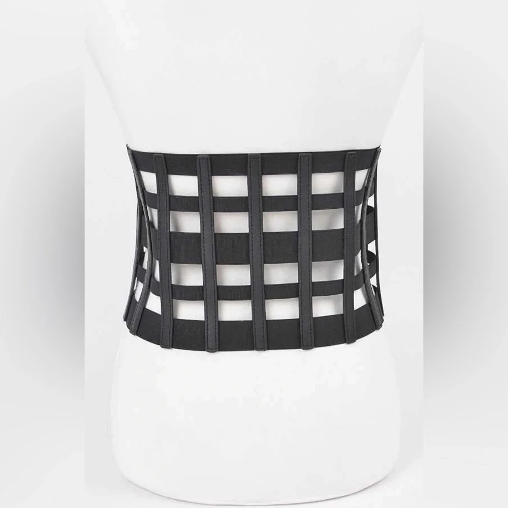 Black Vegan Leather Cage Zip Up Corset Statement Belt
